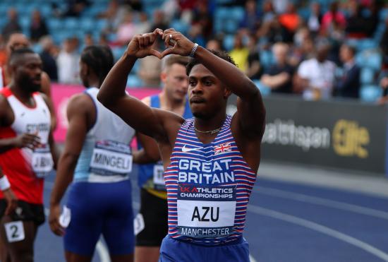 Jeremiah Azu celebrates breaking the Welsh 100m record.